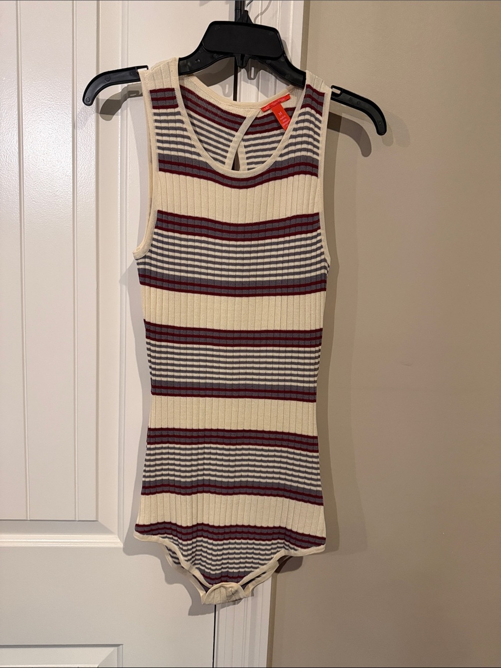 Striped Cream and Burgundy Ribbed Body Suit